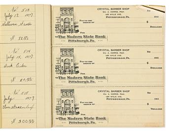 (BUSINESS--BARBERS.) Checkbook of the Crystal Barbershop of Pittsburgh, with photographs and ephemera.